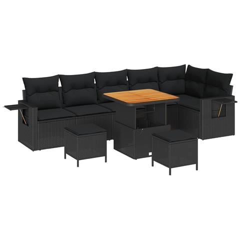Set di Divani da Giardino  9 Pezzi con Cuscini Nero Rattan Polietilene Acacia, Set da Pranzo da Giardino  3 Pezzi con Cuscini Nero Rattan Polietilene Acacia - Foto 1