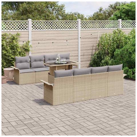 Set di Divani da Giardino 9 Pezzi con Cuscini Beige Rattan Poly - Foto 2
