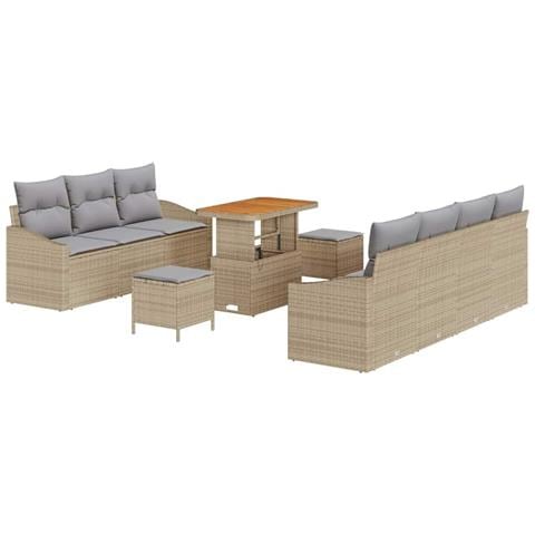 Set Divani da Giardino 10 Pezzi con Cuscini Beige Polyrattan Acacia, Divano da Giardino 2 Posti con Ripostiglio e Cuscini Beige Polyrattan, Set di Mobili da Giardino 3 Pezzi con Cuscini Beige Polyrattan Acacia - Foto 1