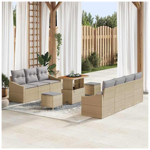Set Divani da Giardino 10 Pezzi con Cuscini Beige Polyrattan Acacia, Divano da Giardino 2 Posti con Ripostiglio e Cuscini Beige Polyrattan, Set di Mobili da Giardino 3 Pezzi con Cuscini Beige Polyrattan Acacia - Foto 2
