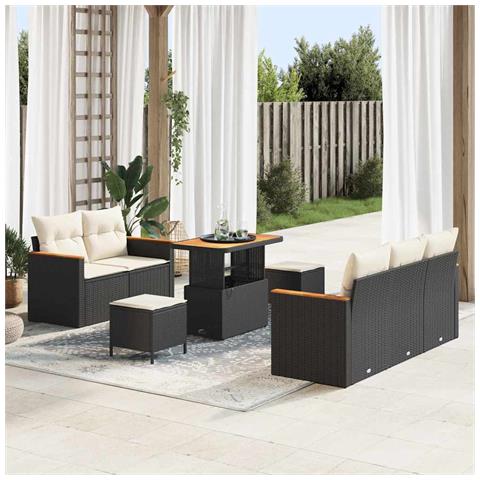 Set Divano da Giardino 8 Pezzi con Cuscini Nero Rattan Acacia, Set da Pranzo da Giardino 3 Pezzi con Cuscini Nero Rattan Acacia - Foto 2
