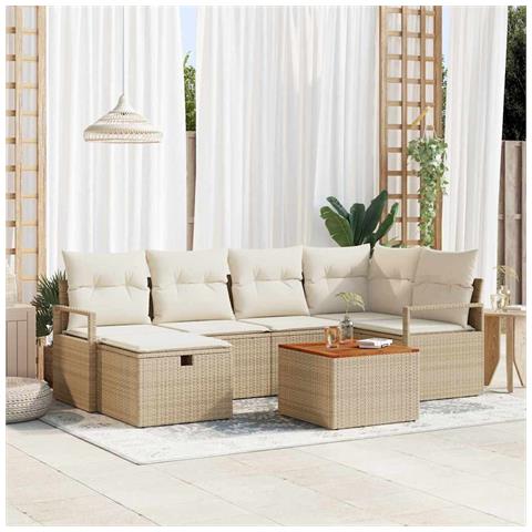 Set divano da giardino 7 pezzi con cuscini beige polyrattan, Divano da giardino 2 posti con cuscini beige polyrattan - Foto 2