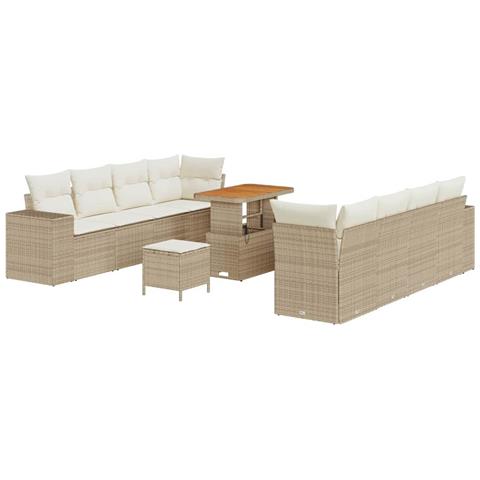 Set divano giardino 11 pezzi con cuscini panna polyrattan,  Set da pranzo giardino 3 pezzi con cuscini panna polyrattan - Foto 1