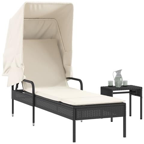 Lettino Prendisole con Baldacchino e Tavolino Nero Polyrattan - Foto 2