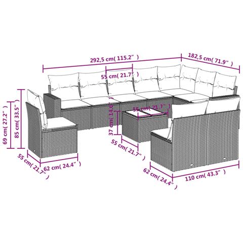 Set Divani da Giardino 11 pz con Cuscini in Polyrattan Nero - Foto 3