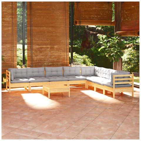 Set Divani da Giardino 9 pz con Cuscini Grigi Massello di Pino - Foto 2