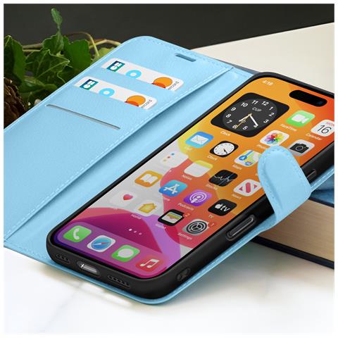 Custodia A Portafoglio Per Iphone 16 Pro Max Con Supporto E Linguetta Magnetica, Azzurro - Foto 5