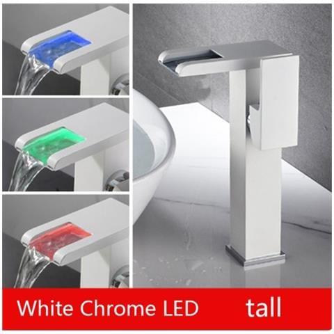 Rubinetto per lavabo da bagno, Blackswan, tipo M299, modello alto bianco con bocca a cascata e LED, misura 24 cm - Foto 2