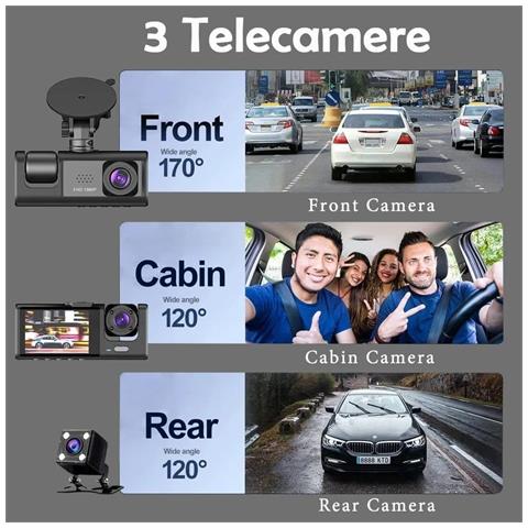 Videoregistratore Auto Dashcam 3 Canali Full Hd 1080p | Sistema A 3 Telecamere (anteriore + Posteriore + Interno /abitacolo) | Doppio Obiettivo Anteriore, Schermo Lcd 3, Scatola Nera G-sensor - Foto 2