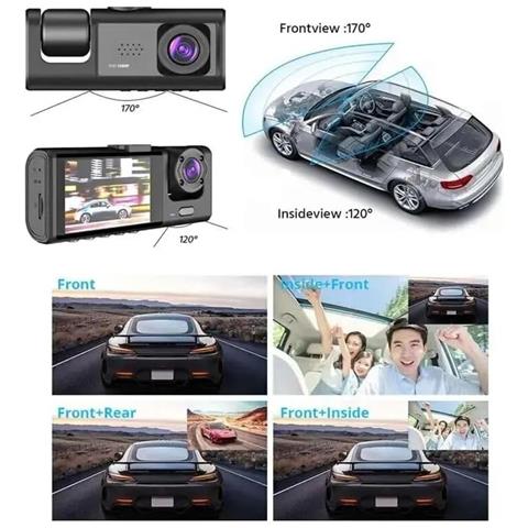 Videoregistratore Auto Dashcam 3 Canali Full Hd 1080p | Sistema A 3 Telecamere (anteriore + Posteriore + Interno /abitacolo) | Doppio Obiettivo Anteriore, Schermo Lcd 3, Scatola Nera G-sensor - Foto 1