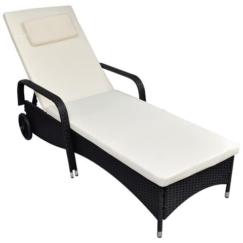 Lettino Prendisole Con Cuscino E Ruote In Polyrattan Nero - Foto 2