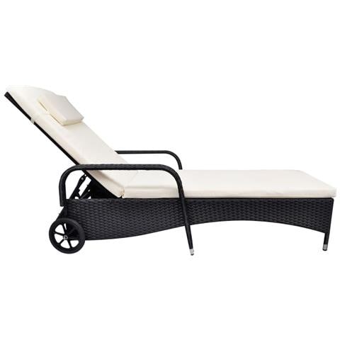 Lettino Prendisole Con Cuscino E Ruote In Polyrattan Nero - Foto 1