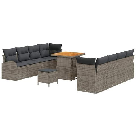 Set Divano Giardino 11 pezzi con Cuscini Rattan Grigio Acacia, Divano Giardino 2 posti con Ripostiglio e Cuscini Rattan Grigio, Set da Pranzo Giardino 3 pezzi con Cuscini Rattan Grigio Acacia - Foto 1