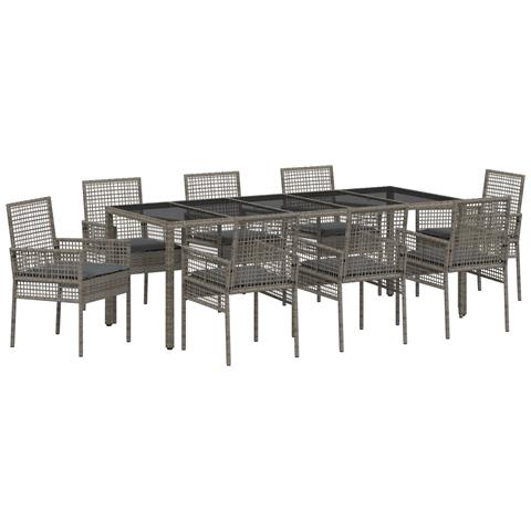 Set da Pranzo da Giardino 9 Pezzi con Cuscini Grigio in Polyrattan - Foto 1
