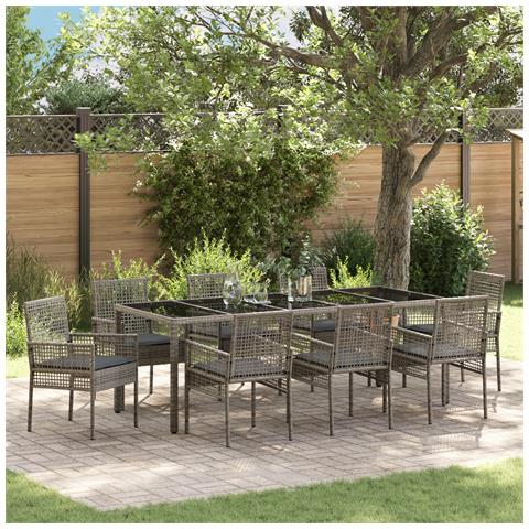 Set da Pranzo da Giardino 9 Pezzi con Cuscini Grigio in Polyrattan - Foto 2