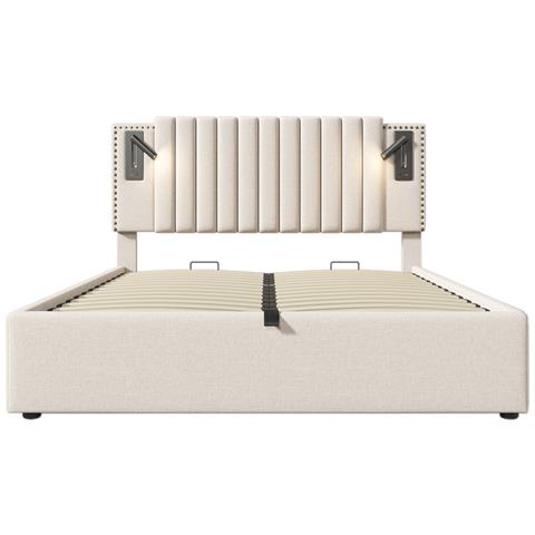 Letto Matrimoniale In Cotone E Lino Beige Con Design Vintage E Borchie - Foto 2