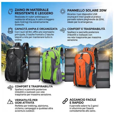 Zaino Con Pannello Solare 20w Usb 5v Zaino Trekking 40 Litri Impermeabile Per Escursionismo, Ciclismo, Moto, Travel Unisex Adulto (nero) - Foto 2