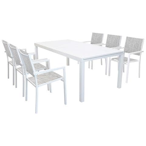 Set Tavolo Giardino Rettangolare Allungabile 200/300 X 100 Con 6 Poltrone In Alluminio Bianco Da Esterno - Foto 1