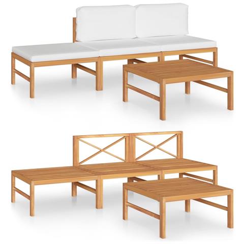 Set Divani Da Giardino 4pz Cuscini Crema Legno Massello Di Teak - Foto 1