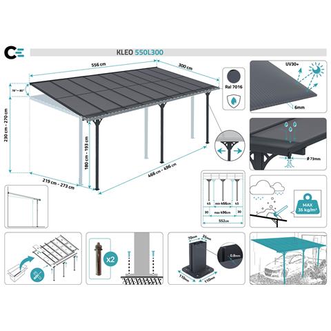 Tettoia Per Terrazza, Auto Addossata Kleo 550l300 Alluminio Grigio - Foto 11