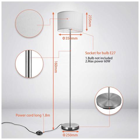 Lampada Piantana da Terra 160cm Design Moderno Paralume E27 60W Tessuto Bianco - Foto 2
