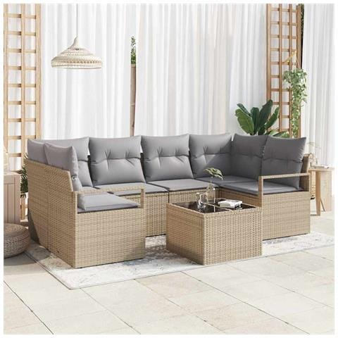 Set Divano da Giardino 7 Pezzi con Cuscini Beige Polyrattan, Divano da Giardino 2 Posti con Cuscini Beige Polyrattan - Foto 2