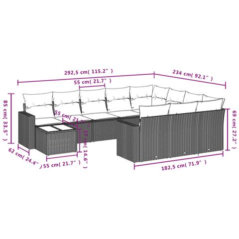 Set Divani da Giardino 11 pz con Cuscini in Polyrattan Nero - Foto 3