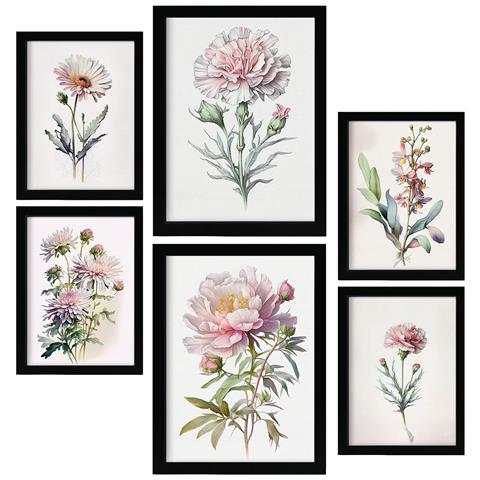 Set Di 6 Stampe Fiori Rosa Chiaro. Stampe Naturalistiche E Botaniche A Colori Con Motivi Floreali Su Sfondi Bianchi. Design D'interni. A3 & A4 Senza Cornice - Foto 1