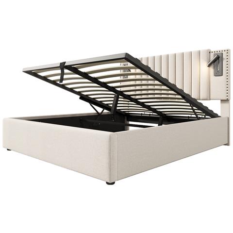 Letto Imbottito Con Luce E Usb Integrate, Design Vintage In Beige - Foto 3
