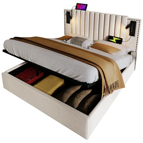 Letto Imbottito Con Luce E Usb Integrate, Design Vintage In Beige - Foto 1