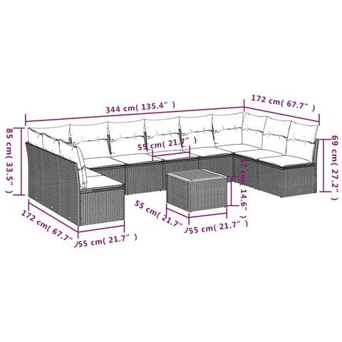 Set Divani da Giardino 11 pz con Cuscini in Polyrattan Nero - Foto 2