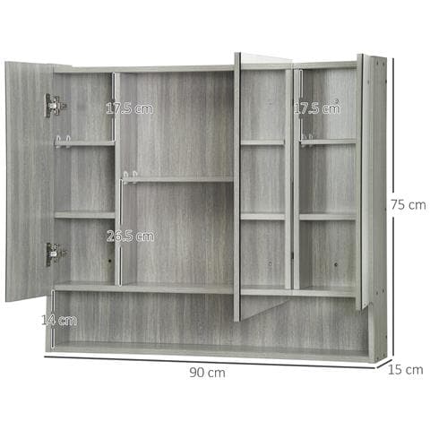 Armadietto con Specchio a 4 Sezioni con Ripiani Regolabili, in Legno e Vetro, 90x15x75 cm, Grigio - Foto 2