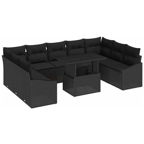 Set divani da giardino 10 pezzi con cuscini in polyrattan nero - Foto 1