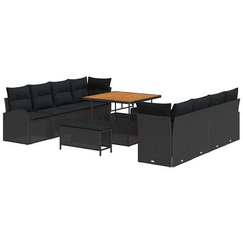 Set Divano Giardino 11 Pezzi con Cuscini Rattan Nero Acacia, Divano Giardino 2 Posti con Ripostiglio e Cuscini Rattan Nero, Set di Mobili da Giardino 3 Pezzi con Cuscini Rattan Nero Acacia - Foto 1