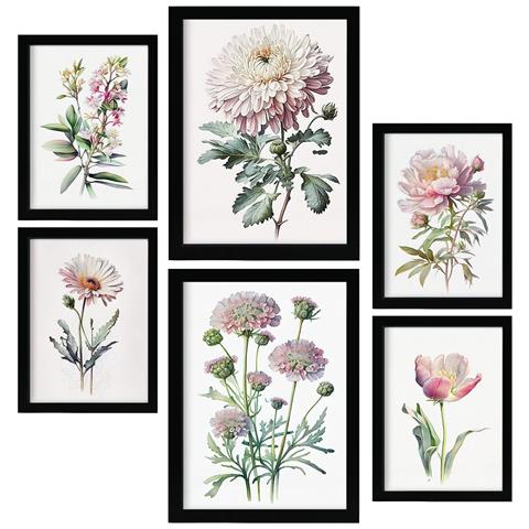 Set Di 6 Stampe Fiori Rosa Stampe Naturalistiche E Botaniche A Colori Con Motivi Floreali Su Sfondi Bianchi Puri Design D'interni A3 & A4 Senza Cornice - Foto 1
