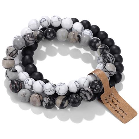 Set Di Braccialetti Con Perle Di Pietra Vulcanica - Braccialetto Elastico Agata Occhio Di Gatto (3 Pezzi) - Foto 1