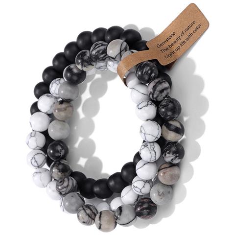 Set Di Braccialetti Con Perle Di Pietra Vulcanica - Braccialetto Elastico Agata Occhio Di Gatto (3 Pezzi) - Foto 2
