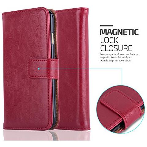 Custodia Compatibile Con Apple Iphone 6 / Iphone 6s In Rosso Vinaccia - Coperchio Protettiva Con Chiusura Magnetica, Funzione Stand E Tasca Per Le Carte - Foto 7