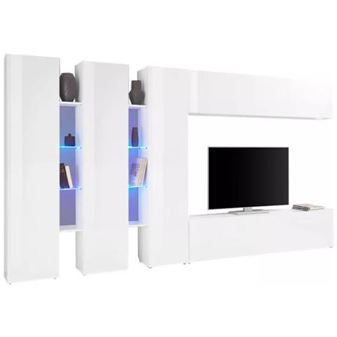 Parete Attrezzata Carmelo, Set Salotto Porta Tv A 5 Ante, Mobile Soggiorno Multiuso, 100% Made In Italy, Cm 340x30h180, Bianco Lucido - Foto 4