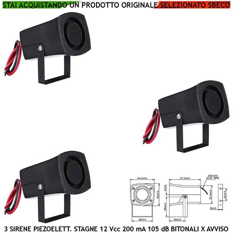 Avviso Pericolo Bici Sirena Piezoelettrica Stagna 12 Vcc 3 Pezzi Assorbimento 200 Ma Pressione Acustica 105 Db A 1 Met - Foto 1