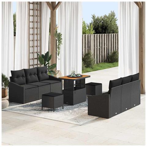 Set di divani da giardino  9 pezzi con cuscini Polyrattan nero Acacia, Divano da giardino  2 posti con cuscini Polyrattan nero, Set da pranzo da giardino vitaXL 3 pezzi con cuscini Polyrattan nero Acacia - Foto 2