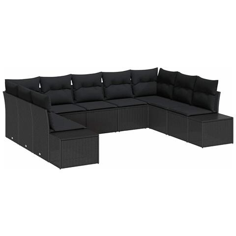 Set di Divani da Giardino da 9 Pezzi con Cuscini Nero Polyrattan - Foto 1