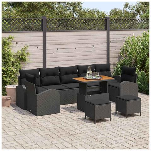 Set Divani da Giardino 10 Pezzi con Cuscini Nero Polyrattan Acacia, Divano da Giardino 2 Posti con Cuscini Nero Polyrattan, Set da Pranzo da Giardino 3 Pezzi con Cuscini Nero Polyrattan Acacia - Foto 2