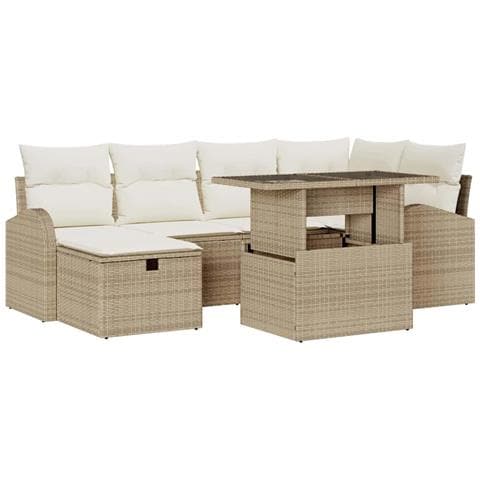 Set Divano da Giardino 7 Pezzi con Cuscini Beige Polyrattan, Divano da Giardino 2 Posti con Storage e Cuscini Beige Polyrattan - Foto 1
