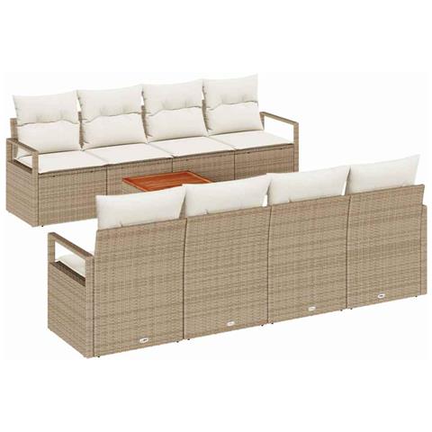Set divano da giardino a 9 pezzi con cuscini beige in rattan sintetico acetato, Divano da giardino a 2 posti con cuscini beige in rattan sintetico - Foto 1