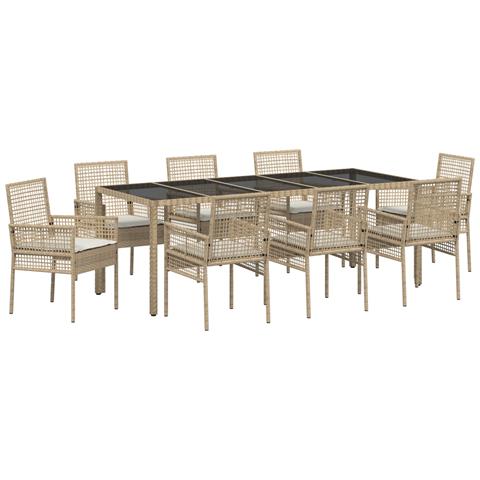 Set da pranzo da giardino 9 pezzi con cuscini beige in polyrattan - Foto 1