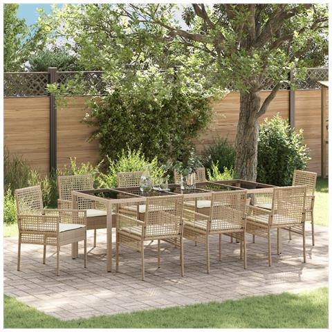 Set da pranzo da giardino 9 pezzi con cuscini beige in polyrattan - Foto 2