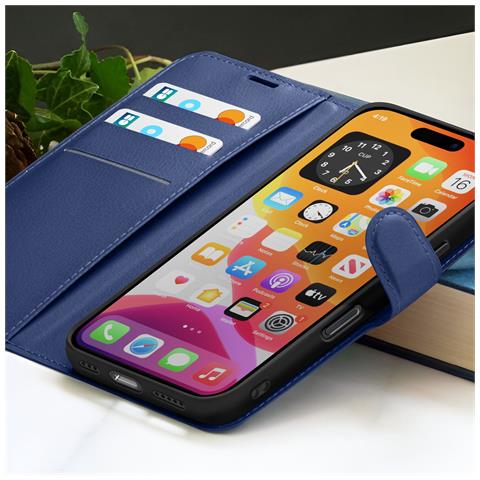 Custodia A Portafoglio Per Iphone 16 Pro Funzione Supporto E Linguetta Magnetica, Blu Scuro - Foto 2