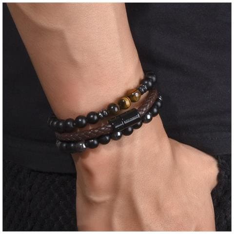 Set Di 3 Braccialetti Occhio Di Tigre, Zircone Oro E Pietra Vulcanica - Stile Punk - Foto 2