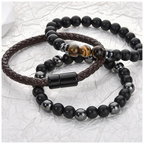 Set Di 3 Braccialetti Occhio Di Tigre, Zircone Oro E Pietra Vulcanica - Stile Punk - Foto 4